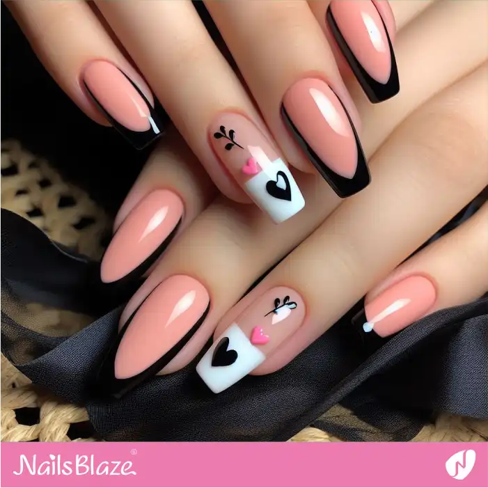 Black French Tips Peach Fuzz Nails with Hearts | Color of the Year 2024 - NB1896